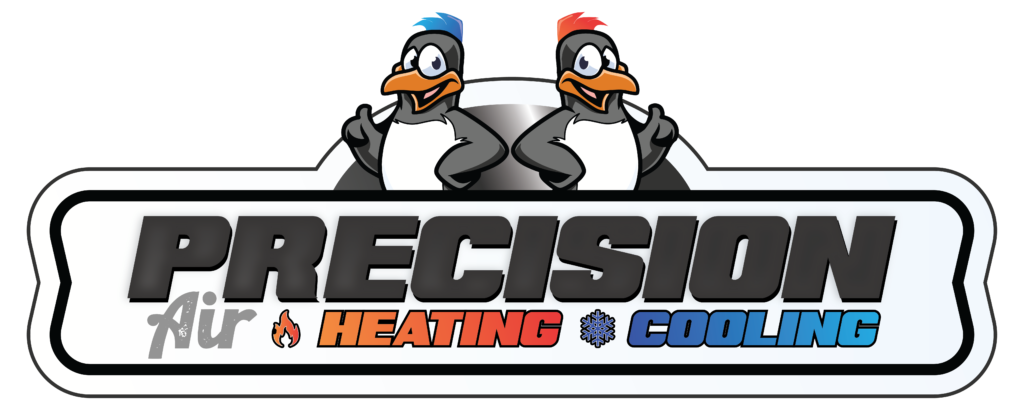 Precision Air Heating and Cooling logo with penguin mascots. Elementor Header #58 for HVAC services in West Chester, PA.