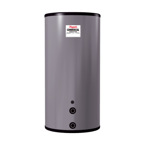 Raypak commercial storage tank. Water heater for commercial use in West Chester, PA, with hot water storage. Gray cylinder shape.