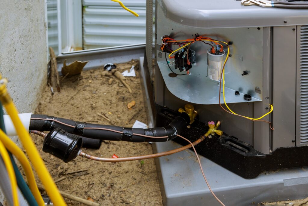 HVAC system repair in West Chester, PA. Close-up of an air conditioning unit with exposed wires and pipes, showing the complexity of AC repair services.