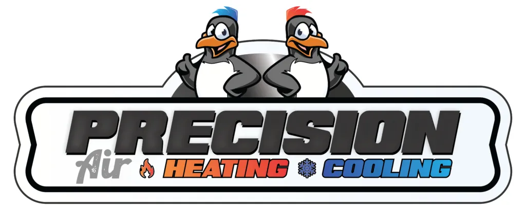 Precision Air Heating Cooling logo with two cartoon penguins giving thumbs up. HVAC services in West Chester, PA.