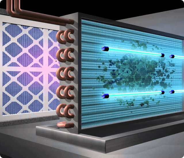 UV light installation diagram showing air purification with UV lamps, filter, and cooling coils.