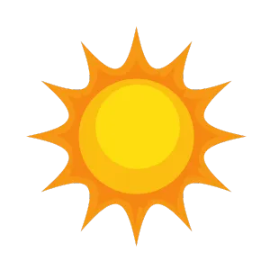 Cartoon sun with yellow and orange rays. Summer season weather forecast. The sun's heat and light are essential for life on Earth.